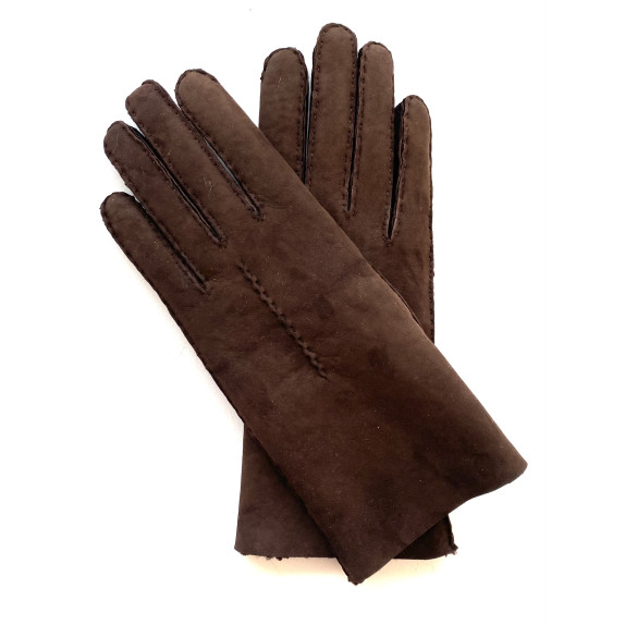 Leather gloves of sherling chocolate "ANASTASIA".