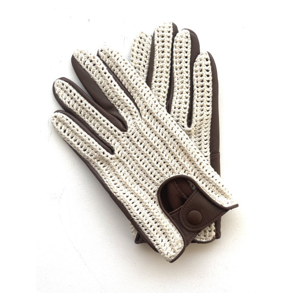 Gants en cuir d'agneau et crochet coton havane et beige "ROBIN".