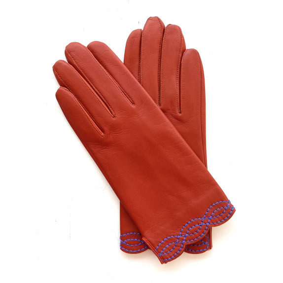 Leather Gloves of lamb orange and amethyst "EMILIA".