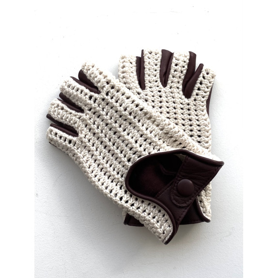 Leather mittens of lamb and cotton hooks burgundy and white "MICHELE".