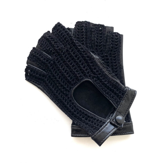 Leather mittens of lamb and cotton hooks black "MICHELE".