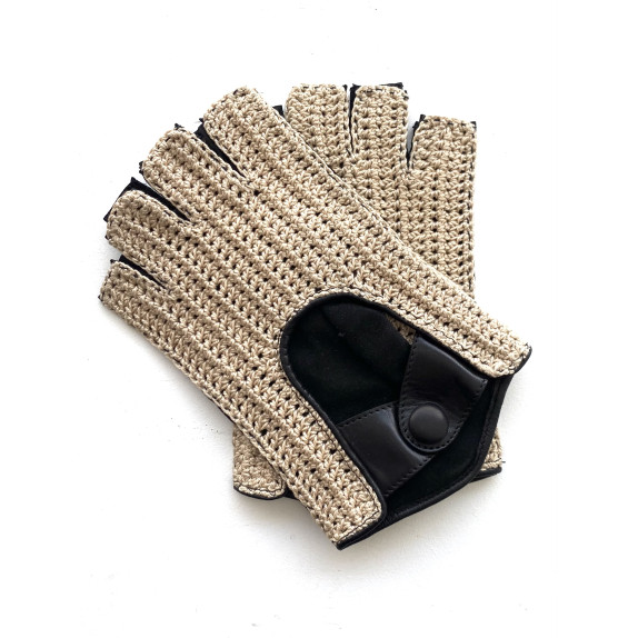 Leather mittens and cotton hook black and beige "PILOTE"
