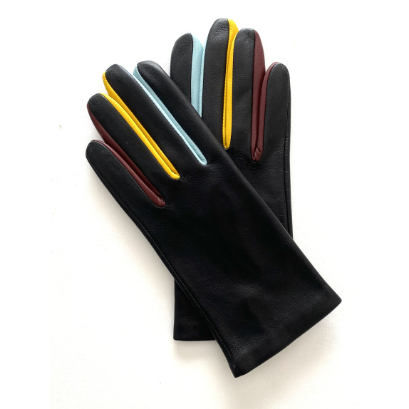 Leather gloves of lamb black and multi-colored "MARIE-HELENE"