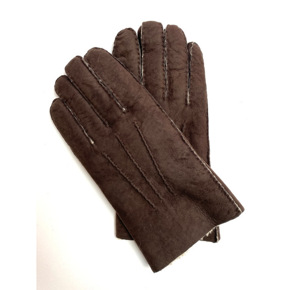 Gants en cuir d'agneau lainé chocolat et beige "JIVAGO".