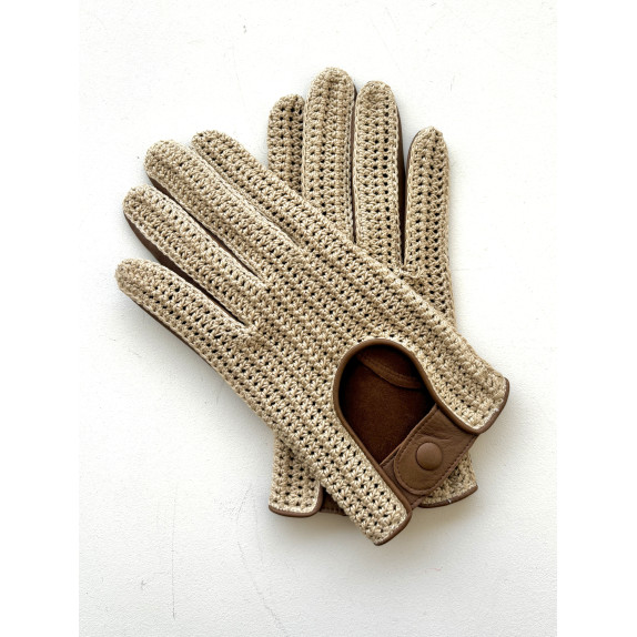 Gants en cuir d'agneau et crochet coton biscuit et écru "AUGUSTIN".