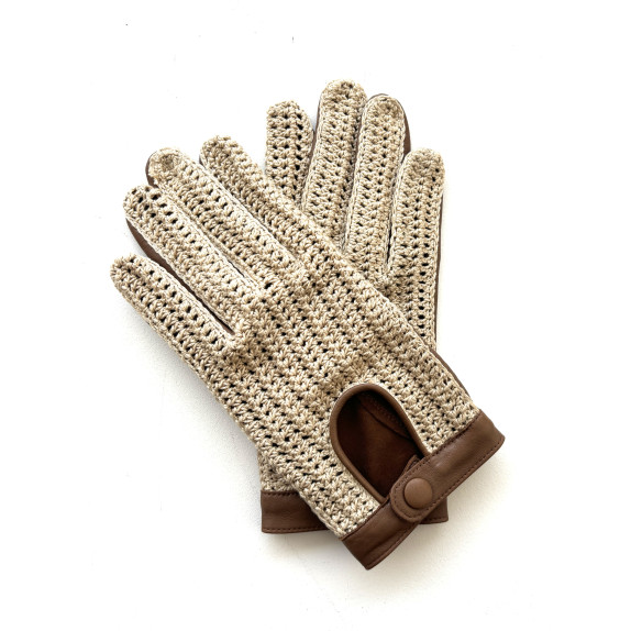 Gants en cuir d'agneau et crochet coton biscuit et écru "ALFREDINE".