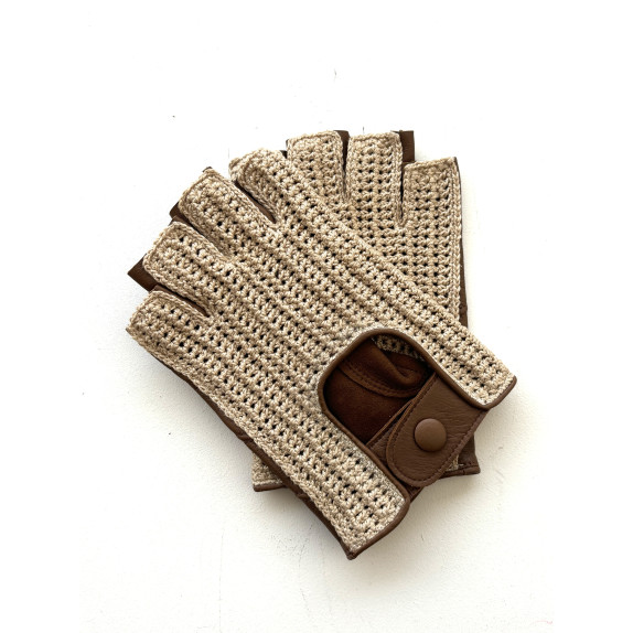 Mitaines en cuir d'agneau et crochet biscuit et écru "PILOTE".