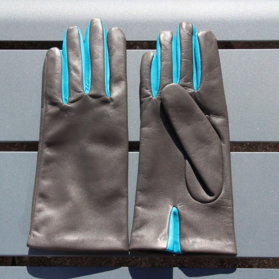 Gants en cuir d'agneau gris et paon "COLOMBE".