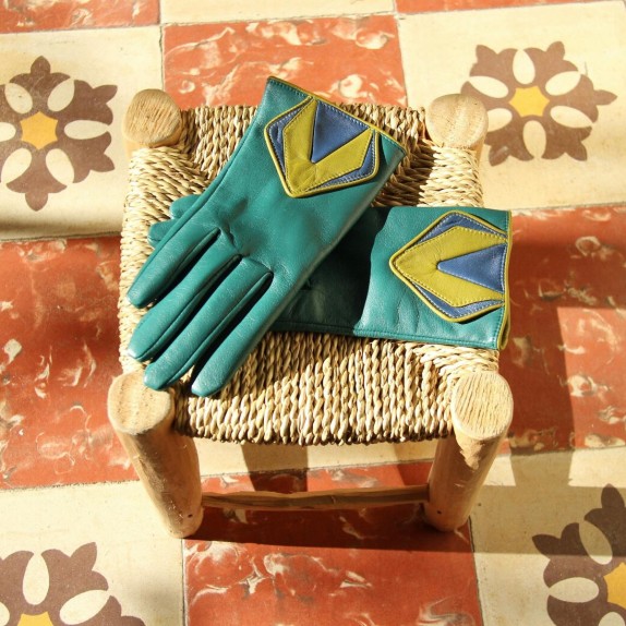 Leather gloves of lamb green blue and luciole "ORIGAMI"